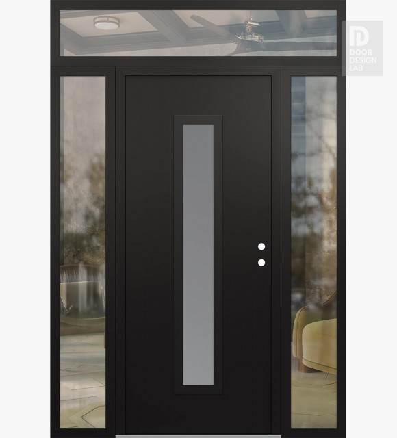 Modern Steel Front Door DIAMOND A11 68" X 96" BLACK/WHITE FROSTED GLASS PANEL BLACK LHI WITH 2 SIDELITES AND TRANSOM CLEAR GLASS