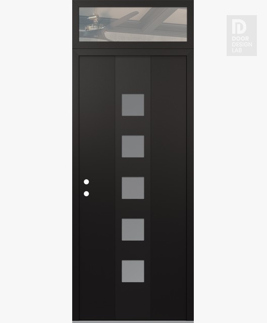 Modern Steel Front Door DIAMOND A13 36" X 96" BLACK/WHITE FROSTED GLASS PANEL BLACK RHI WITH TRANSOM CLEAR GLASS