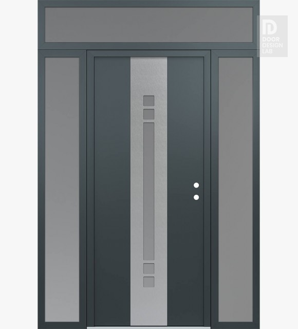 Modern Steel Front Door DIAMOND A4 68" X 96" ANTHRACITE/ANTHRACITE FROSTED GLASS PANEL STAINLESS STEEL LHI WITH 2 SIDELITES AND TRANSOM FROSTED GLASS