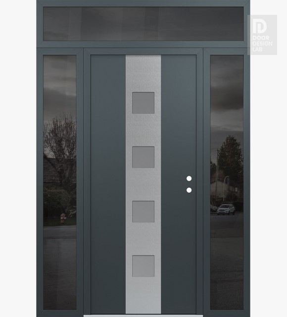 Modern Steel Front Door DIAMOND A12 68" X 96" ANTHRACITE/ANTHRACITE FROSTED GLASS PANEL STAINLESS STEEL LHI WITH 2 SIDELITES AND TRANSOM MIRRORED GLASS