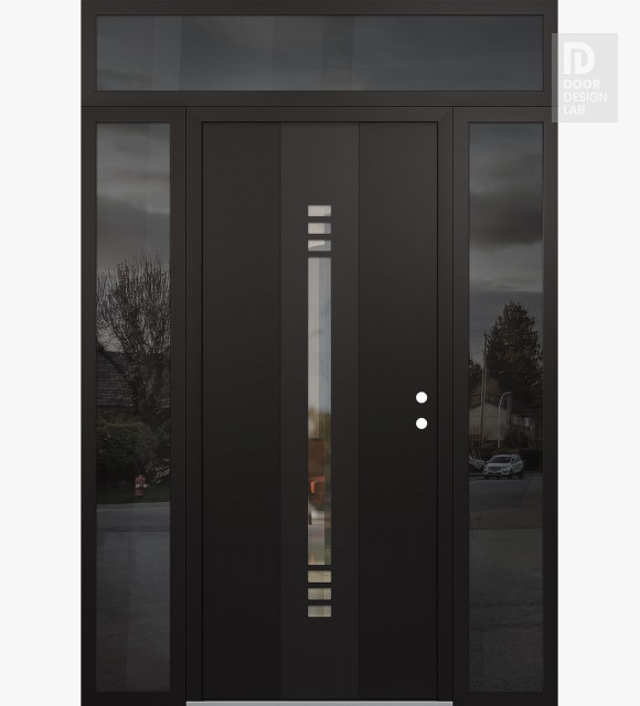 Modern Steel Front Door DIAMOND A5 60" X 96" BLACK/BLACK CLEAR GLASS PANEL BLACK LHI WITH 2 SIDELITES AND TRANSOM MIRRORED GLASS