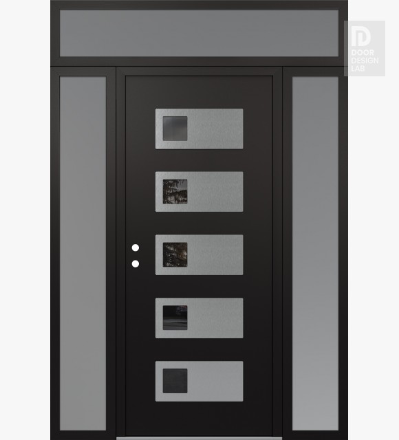 Modern Steel Front Door Diamond D2 64" x 96" black/black mirrored Glass Panel stainless steel RHI with 2 Sidelites and Transom frosted Glass