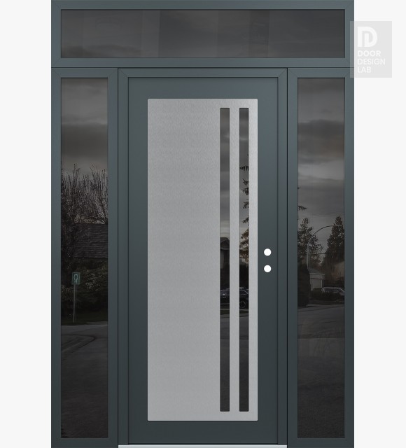 Modern Steel Front Door Diamond C6 68" x 96" anthracite/anthracite mirrored Glass Panel stainless steel LHI with 2 Sidelites and Transom mirrored Glass