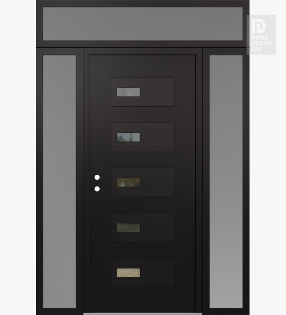 Modern Steel Front Door Diamond D7 64" x 96" black/black clear Glass Panel black RHI with 2 Sidelites and Transom frosted Glass