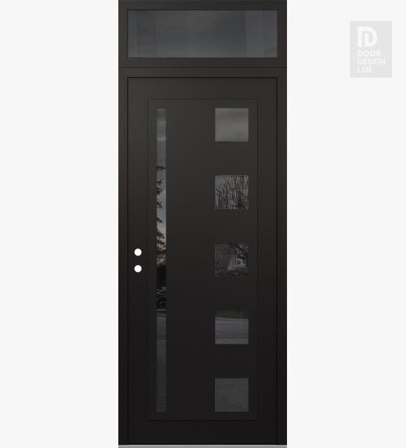 Modern Steel Front Door Diamond C3 36" x 96" black/black mirrored Glass Panel black RHI with Transom mirrored Glass