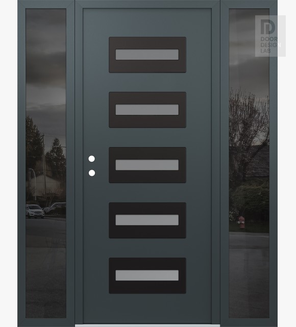 Modern Steel Front Door Diamond D4 60" x 80" anthracite/anthracite frosted Glass Panel black RHI with 2 Sidelites mirrored Glass