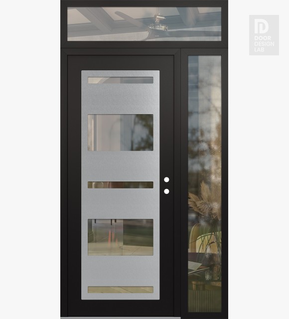 Modern Steel Front Door Diamond C10 48" x 96" black/black clear Glass Panel stainless steel LHI with Sidelite and Transom clear Glass