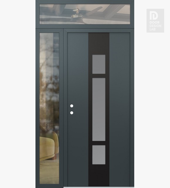 Modern Steel Front Door DIAMOND A9 50" X 96" ANTHRACITE/ANTHRACITE FROSTED GLASS PANEL BLACK RHI WITH SIDELITE AND TRANSOM CLEAR GLASS