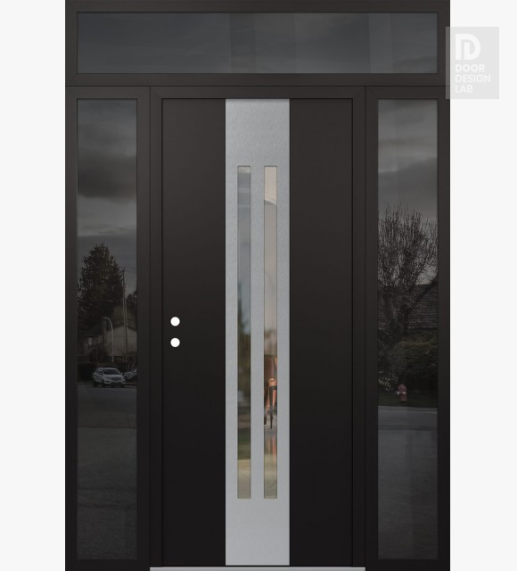 Modern Steel Front Door DIAMOND A8 60" X 96" BLACK/BLACK CLEAR GLASS PANEL STAINLESS STEEL RHI WITH 2 SIDELITES AND TRANSOM MIRRORED GLASS