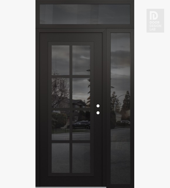 Modern Steel Front Door Diamond C16 50" x 96" black/black mirrored Glass Panel black LHI with Sidelite and Transom mirrored Glass