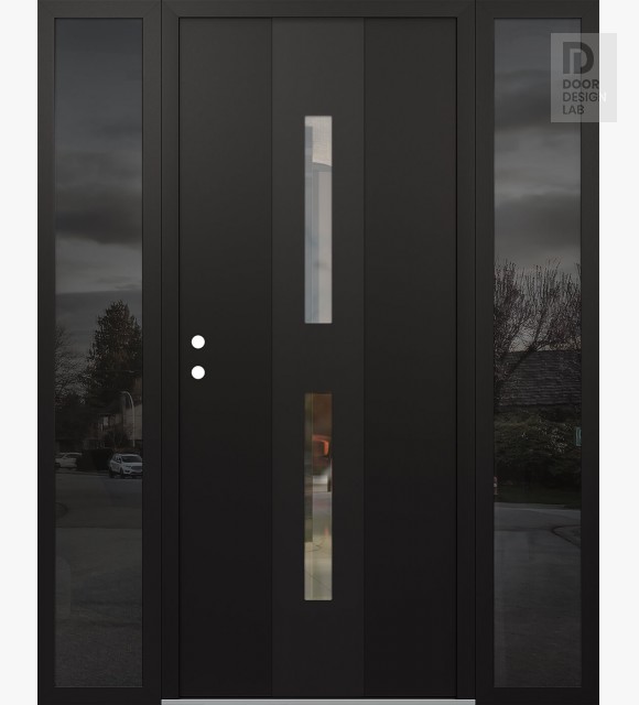 Modern Steel Front Door DIAMOND A6 68" X 80" BLACK/BLACK CLEAR GLASS PANEL BLACK RHI WITH 2 SIDELITES MIRRORED GLASS