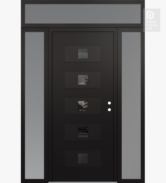 Modern Steel Front Door Diamond D8 64" x 96" black/black mirrored Glass Panel black LHI with 2 Sidelites and Transom frosted Glass