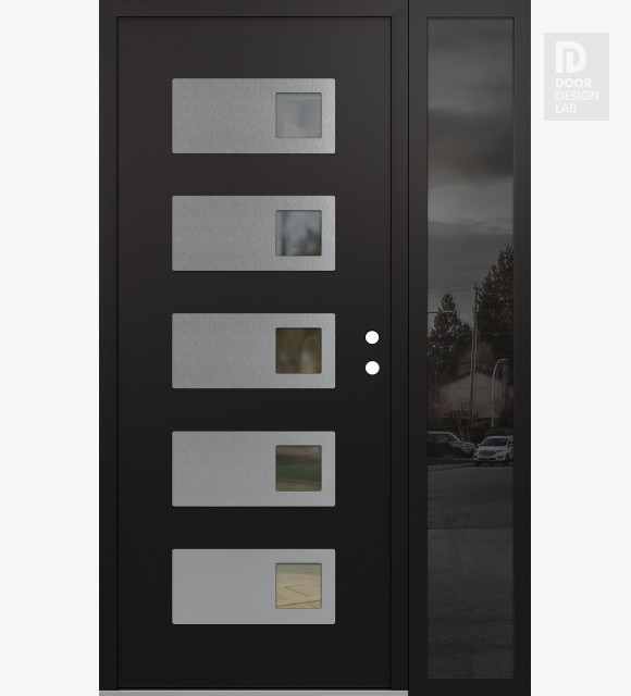 Modern Steel Front Door Diamond D2 50" x 80" black/black clear Glass Panel stainless steel LHI with Sidelite mirrored Glass
