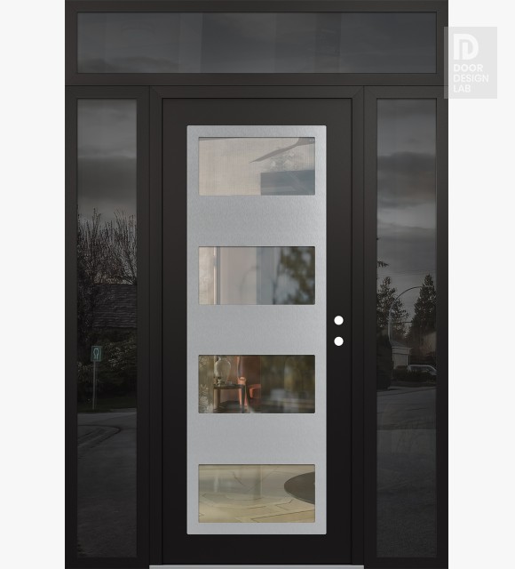 Modern Steel Front Door Diamond C2 60" x 96" black/black clear Glass Panel stainless steel LHI with 2 Sidelites and Transom mirrored Glass