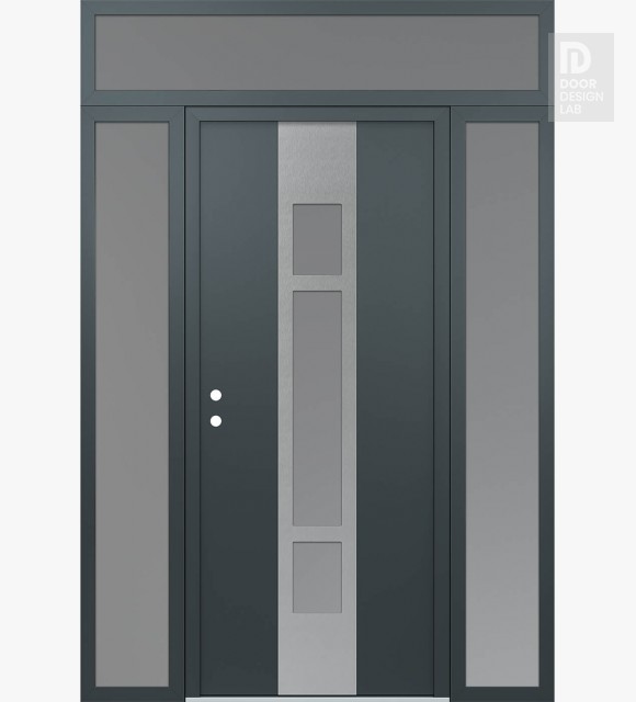 Modern Steel Front Door DIAMOND A9 60" X 96" ANTHRACITE/ANTHRACITE FROSTED GLASS PANEL STAINLESS STEEL RHI WITH 2 SIDELITES AND TRANSOM FROSTED GLASS