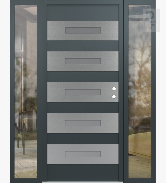 Modern Steel Front Door Diamond D9 64" x 80" anthracite/anthracite frosted Glass Panel stainless steel LHI with 2 Sidelites clear Glass