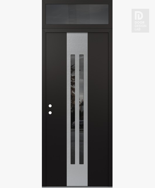 Modern Steel Front Door DIAMOND A8 36" X 96" BLACK/BLACK MIRRORED GLASS PANEL STAINLESS STEEL RHI WITH TRANSOM MIRRORED GLASS
