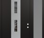 Modern Steel Front Door DIAMOND A7 48" X 96" BLACK/BLACK MIRRORED GLASS PANEL STAINLESS STEEL LHI WITH SIDELITE AND TRANSOM FROSTED GLASS