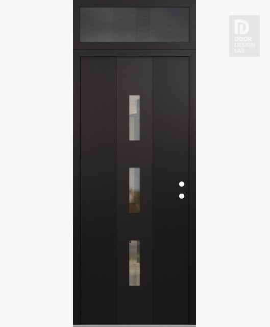 Modern Steel Front Door DIAMOND A7 36" X 96" BLACK/BLACK CLEAR GLASS PANEL BLACK LHI WITH TRANSOM MIRRORED GLASS