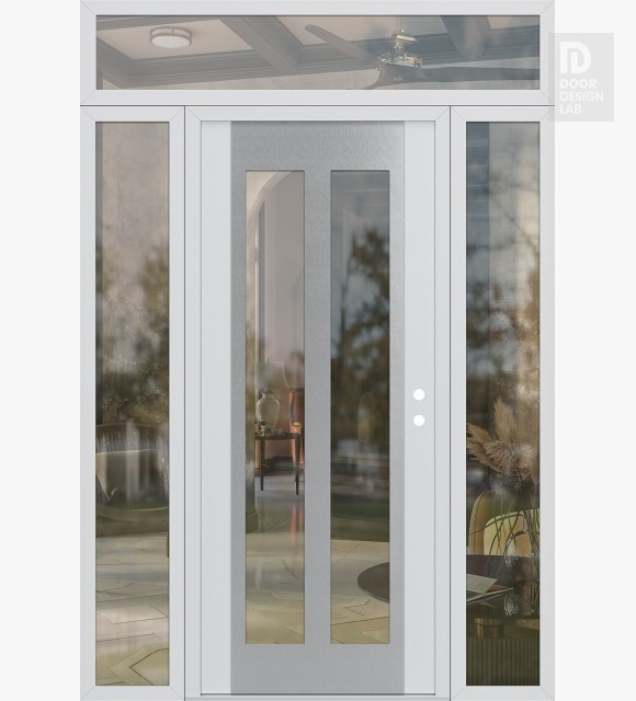 Modern Steel Front Door Diamond C14 64" x 96" white/white clear Glass Panel stainless steel LHI with 2 Sidelites and Transom clear Glass