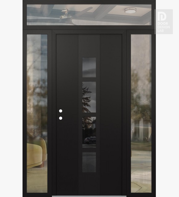 Modern Steel Front Door DIAMOND A10 60" X 96" BLACK/BLACK MIRRORED GLASS PANEL BLACK RHI WITH 2 SIDELITES AND TRANSOM CLEAR GLASS