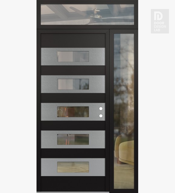Modern Steel Front Door Diamond D5 48" x 96" black/black clear Glass Panel stainless steel LHI with Sidelite and Transom clear Glass