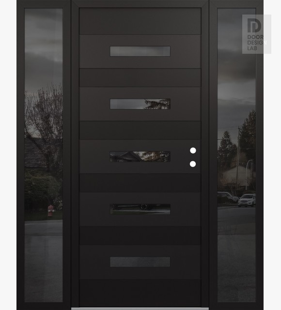 Modern Steel Front Door Diamond D9 64" x 80" black/black mirrored Glass Panel black LHI with 2 Sidelites mirrored Glass