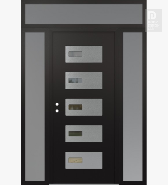 Modern Steel Front Door Diamond D7 64" x 96" black/black clear Glass Panel stainless steel RHI with 2 Sidelites and Transom frosted Glass