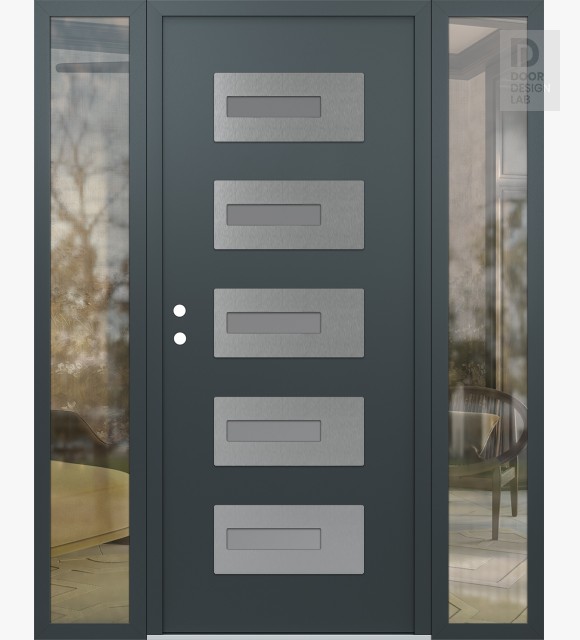 Modern Steel Front Door Diamond D6 64" x 80" anthracite/anthracite frosted Glass Panel stainless steel RHI with 2 Sidelites clear Glass
