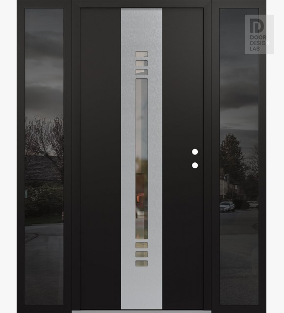 Modern Steel Front Door DIAMOND A5 60" X 80" BLACK/BLACK CLEAR GLASS PANEL STAINLESS STEEL LHI WITH 2 SIDELITES MIRRORED GLASS