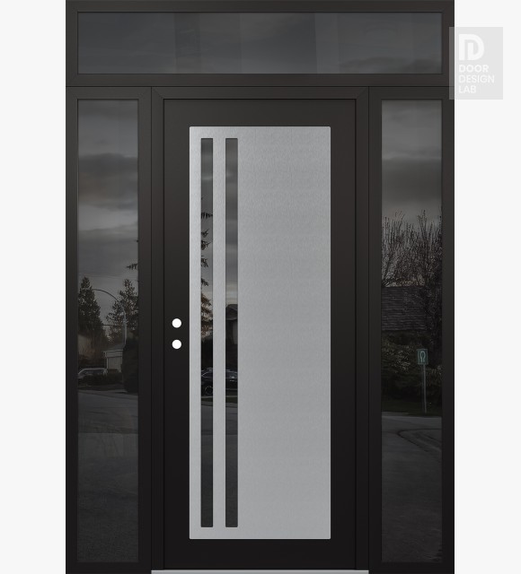 Modern Steel Front Door Diamond C6 60" x 96" black/black mirrored Glass Panel stainless steel RHI with 2 Sidelites and Transom mirrored Glass