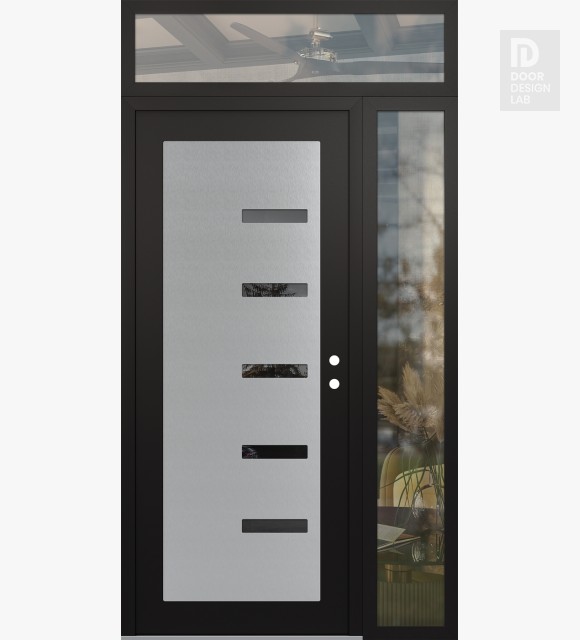 Modern Steel Front Door Diamond C8 50" x 96" black/black mirrored Glass Panel stainless steel LHI with Sidelite and Transom clear Glass
