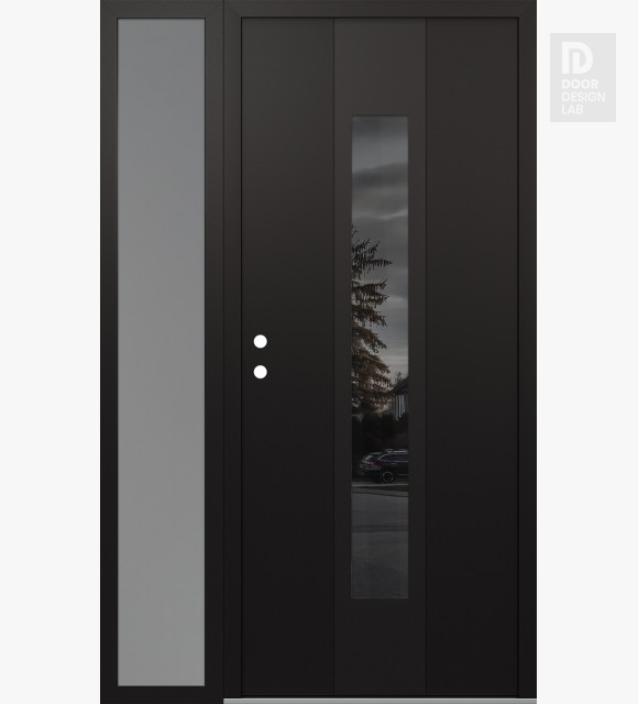 Modern Steel Front Door DIAMOND A1 52" X 80" BLACK/BLACK MIRRORED GLASS PANEL BLACK RHI WITH SIDELITE FROSTED GLASS