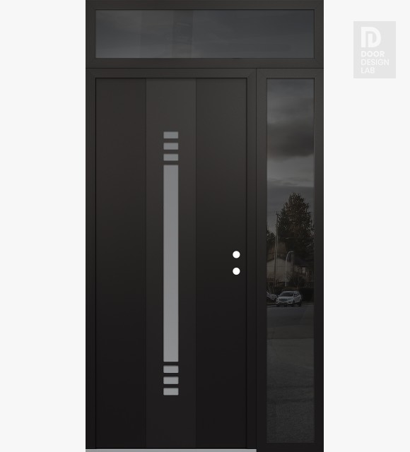 Modern Steel Front Door DIAMOND A5 48" X 96" BLACK/WHITE FROSTED GLASS PANEL BLACK LHI WITH SIDELITE AND TRANSOM MIRRORED GLASS