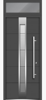 Front Exterior Prehung Steel Door / Deux 1717 Gray Graphite / Top Exterior Window / Stainless Inserts Single Modern Painted-W36" x H80+16"-Left-hand Inswing