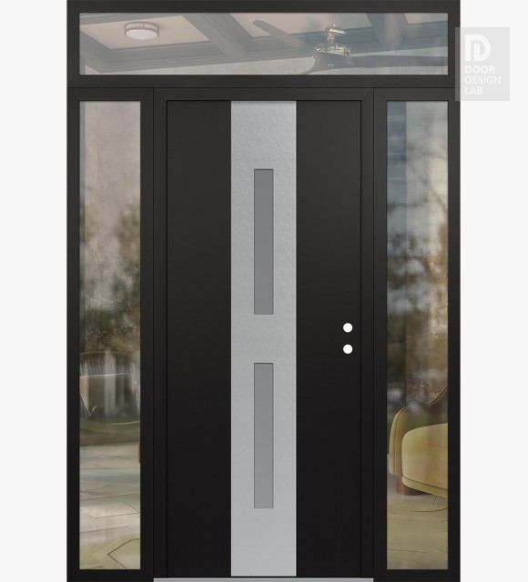 Modern Steel Front Door DIAMOND A6 64" X 96" BLACK/WHITE FROSTED GLASS PANEL STAINLESS STEEL LHI WITH 2 SIDELITES AND TRANSOM CLEAR GLASS