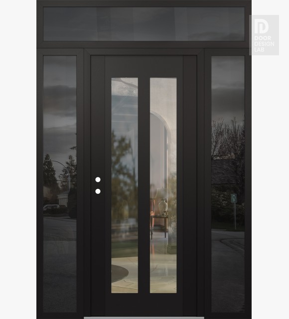 Modern Steel Front Door Diamond C14 64" x 96" black/black clear Glass Panel black RHI with 2 Sidelites and Transom mirrored Glass