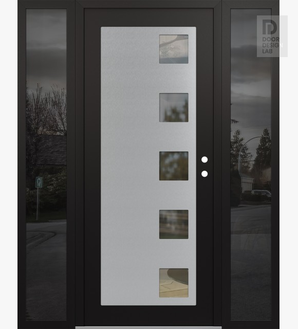 Modern Steel Front Door Diamond C5 60" x 80" black/black clear Glass Panel stainless steel LHI with 2 Sidelites mirrored Glass