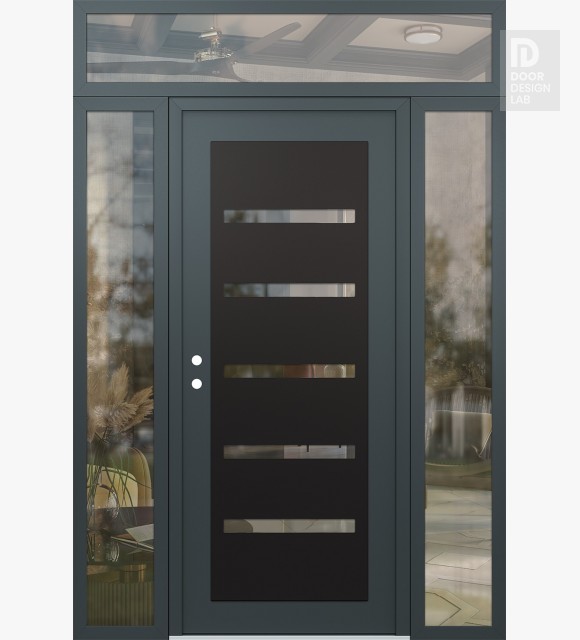 Modern Steel Front Door Diamond C7 64" x 96" anthracite/anthracite clear Glass Panel black RHI with 2 Sidelites and Transom clear Glass