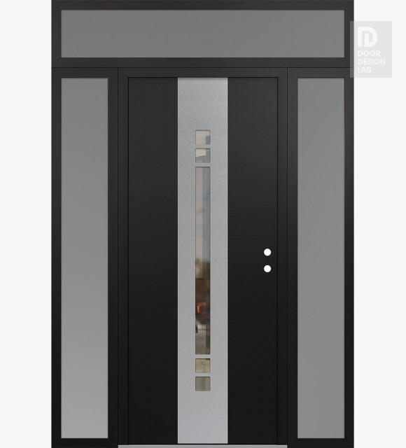 Modern Steel Front Door DIAMOND A4 64" X 96" BLACK/BLACK CLEAR GLASS PANEL STAINLESS STEEL LHI WITH 2 SIDELITES AND TRANSOM FROSTED GLASS