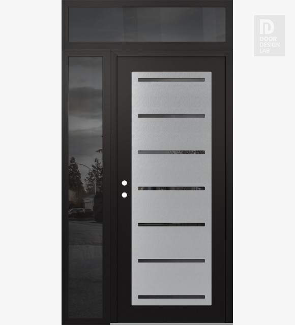 Modern Steel Front Door Diamond C11 50" x 96" black/black mirrored Glass Panel stainless steel RHI with Sidelite and Transom mirrored Glass