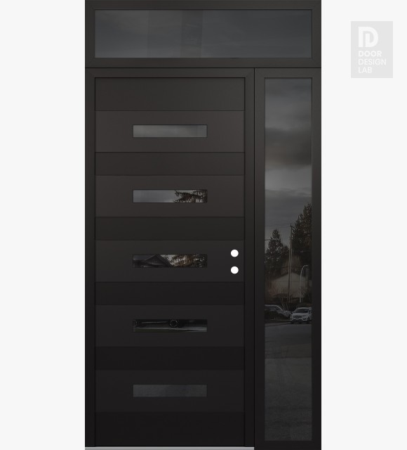 Modern Steel Front Door Diamond D9 48" x 96" black/black mirrored Glass Panel black LHI with Sidelite and Transom mirrored Glass