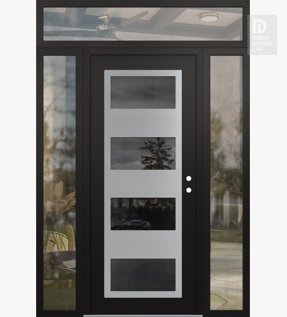 Modern Steel Front Door Diamond C2 60" x 96" black/black mirrored Glass Panel stainless steel LHI with 2 Sidelites and Transom clear Glass