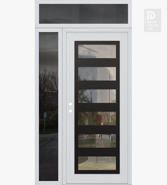 Modern Steel Front Door Diamond C9 48" x 96" white/white clear Glass Panel black RHI with Sidelite and Transom mirrored Glass