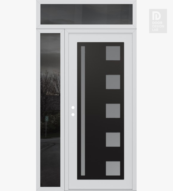 Modern Steel Front Door Diamond C3 48" x 96" white/white frosted Glass Panel black RHI with Sidelite and Transom mirrored Glass