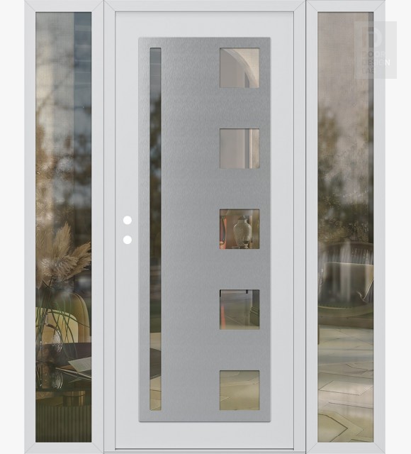 Modern Steel Front Door Diamond C3 68" x 80" white/white clear Glass Panel stainless steel RHI with 2 Sidelites clear Glass