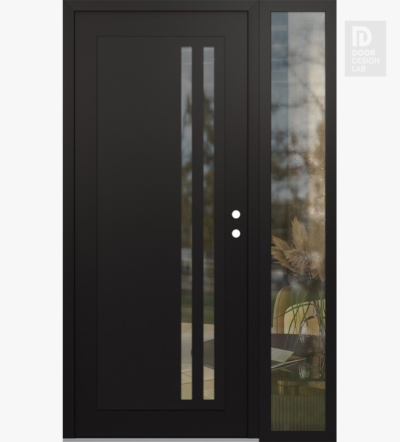Modern Steel Front Door Diamond C6 48" x 80" black/black clear Glass Panel black LHI with Sidelite clear Glass