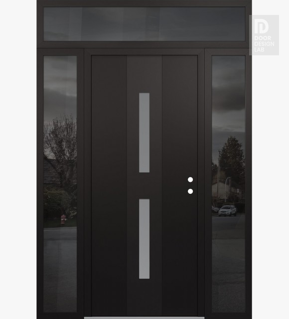 Modern Steel Front Door DIAMOND A6 64" X 96" BLACK/WHITE FROSTED GLASS PANEL BLACK LHI WITH 2 SIDELITES AND TRANSOM MIRRORED GLASS