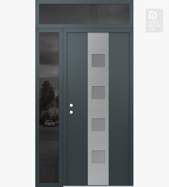 Modern Steel Front Door DIAMOND A12 50" X 96" ANTHRACITE/ANTHRACITE FROSTED GLASS PANEL STAINLESS STEEL RHI WITH SIDELITE AND TRANSOM MIRRORED GLASS