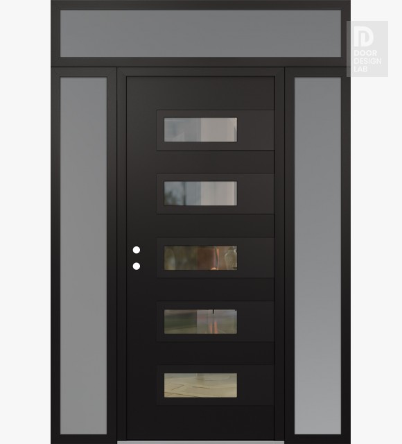 Modern Steel Front Door Diamond D3 64" x 96" black/black clear Glass Panel black RHI with 2 Sidelites and Transom frosted Glass